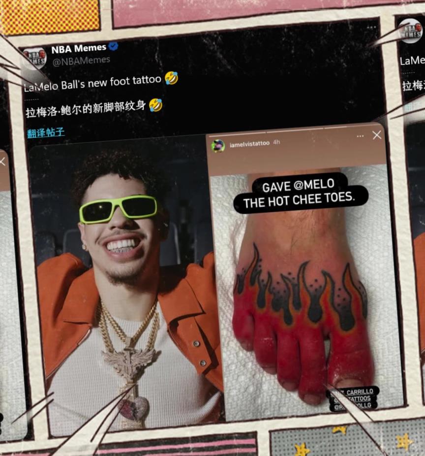 实在欣赏不来三球拉梅洛-鲍尔晒出足部新纹身，简直逆天啊！