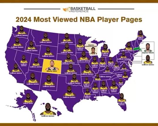 24年各州球员资料浏览次数最多球员：全美只有三个州不是詹姆斯