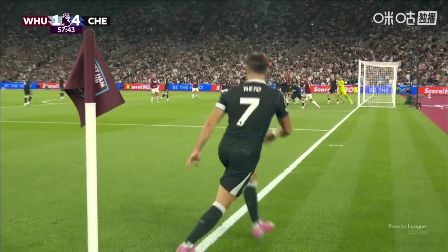 佩德罗头球摆渡，查洛巴门前垫射破门！切尔西5-1领先西汉姆！